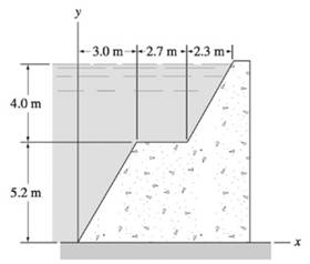 Chapter 8, Problem 8.117P, The concrete dam shown in cross section holds back fresh water (=1000kg/m3). Determine the resultant 