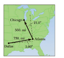 Chapter 1, Problem 68P, A map suggests that Atlanta is 730. miles in a direction 5.00 north of east from Dallas. The same 