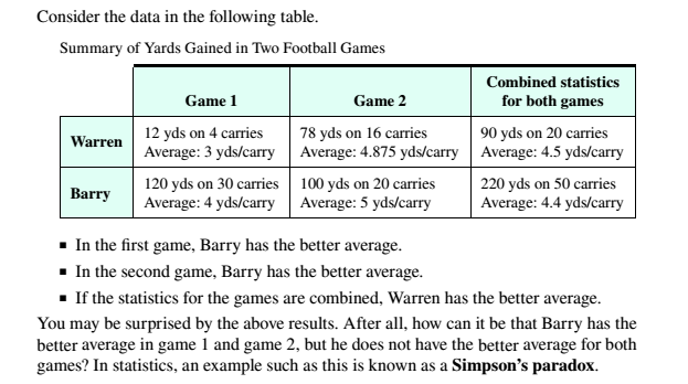 Chapter 13.1, Problem 39ES, Consider the data in the following table. Summary of Yards Gained in Two Foothill Games  In the , example  1