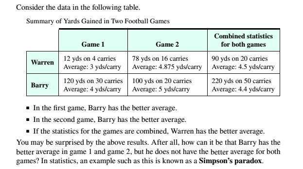 Chapter 13.1, Problem 40ES, Consider the data in the following table. Summary of Yards Gained in Two Foothill Games  In the , example  1