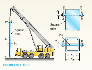 Chapter 1, Problem 1.10.9P, A square steel tube of a length L = 20 ft and width b2= 10.0 in. is hoisted by a crane (see figure). 