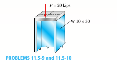 Chapter 11, Problem 11.5.9P, A wide-f hinge member (W 10 × 30) is compressed by axial loads that have a resultant P = 20 kips 