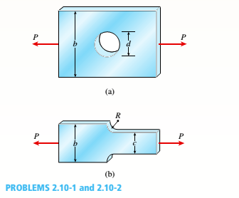 Chapter 2, Problem 2.10.2P, The flat bars shown in parts a and b of the figure are subjected to tensile forces P = 2.5 kN. Each 