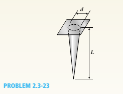 Chapter 2, Problem 2.3.23P, A long, slender bar in the shape of a right circular cone with length L and base diameter d hangs 