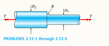 Chapter 3, Problem 3.12.1P, A stepped shaft consisting of solid circular segments having diameters D1= 2.0 in, and D2= 2.4 in. 