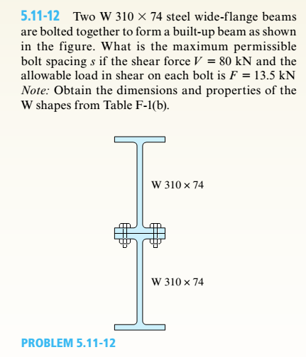 Chapter 5, Problem 5.11.12P, Two W 310 × 74 Steel wide-flange beams are bolted together to form a built-up beam as shown in the , example  2