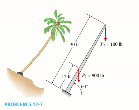 Chapter 5, Problem 5.12.7P, A palm tree weighing 1000 lb is inclined at an angle of 60º (see figure). The weight of the tree may 