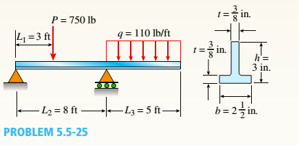 Chapter 5, Problem 5.5.25P, A beam with a T-section is supported and loaded as shown in the figure. The cross section has width 