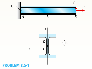 Chapter 8, Problem 8.5.1P, A W 12 x 35 steel cantilever beam is subjected to an axial load P = 10 kips and a transverse load V 