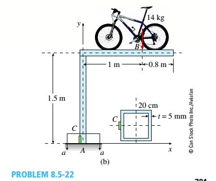 Chapter 8, Problem 8.5.22P, A double-decker bicycle rack made up of square steel tubing is fixed at A (figure a). The weight of , example  2