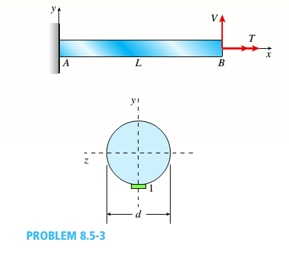 Chapter 8, Problem 8.5.3P, A solid circular bar is fixed at point A. The bar is subjected to transverse load V = 70 lb and 