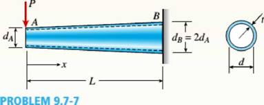 Chapter 9, Problem 9.7.7P, The tapered cantilever beam AB shown in the figure has a thin-walled, hollow circular cross sections , example  2