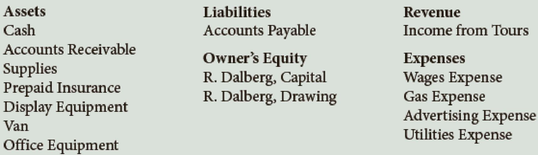 Chapter 2, Problem 3E, R. Dalberg operates Dalbergs Tours. The company has the following chart of accounts: Using the chart , example  1