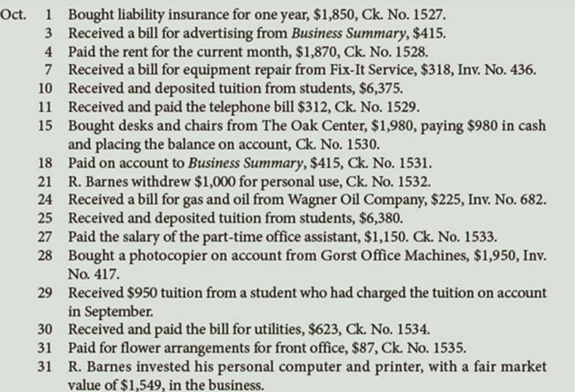 Chapter 3, Problem 1PA, The chart of accounts of the Barnes School is shown here, followed by the transactions that took , example  2