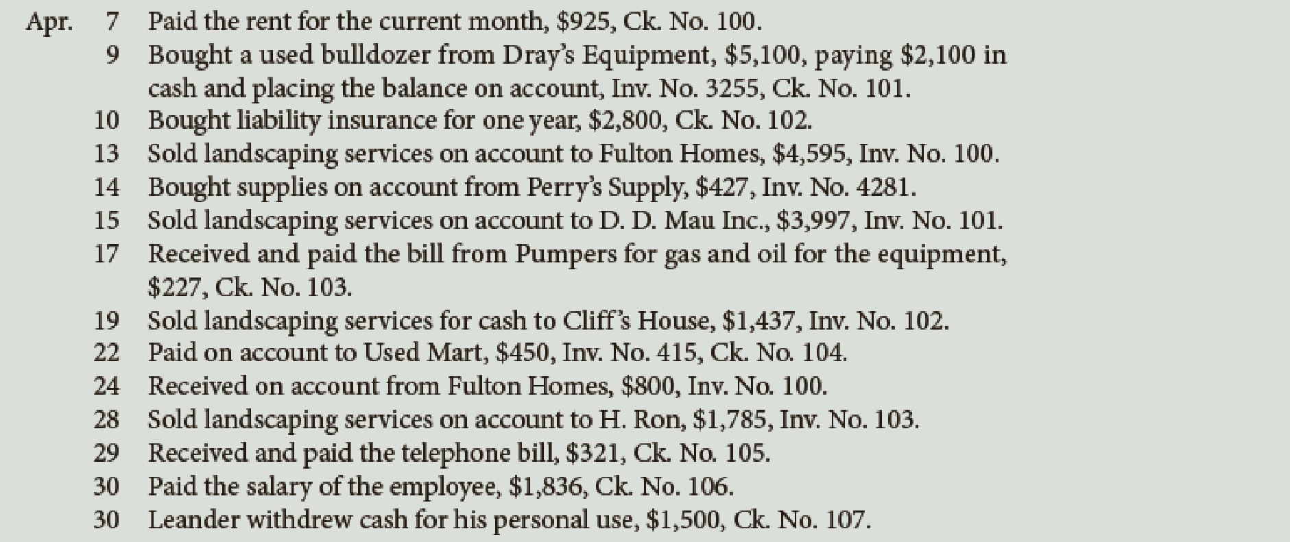 Chapter 3, Problem 4PB, Leanders Landscaping Service maintains the following chart of accounts: The following transactions , example  3