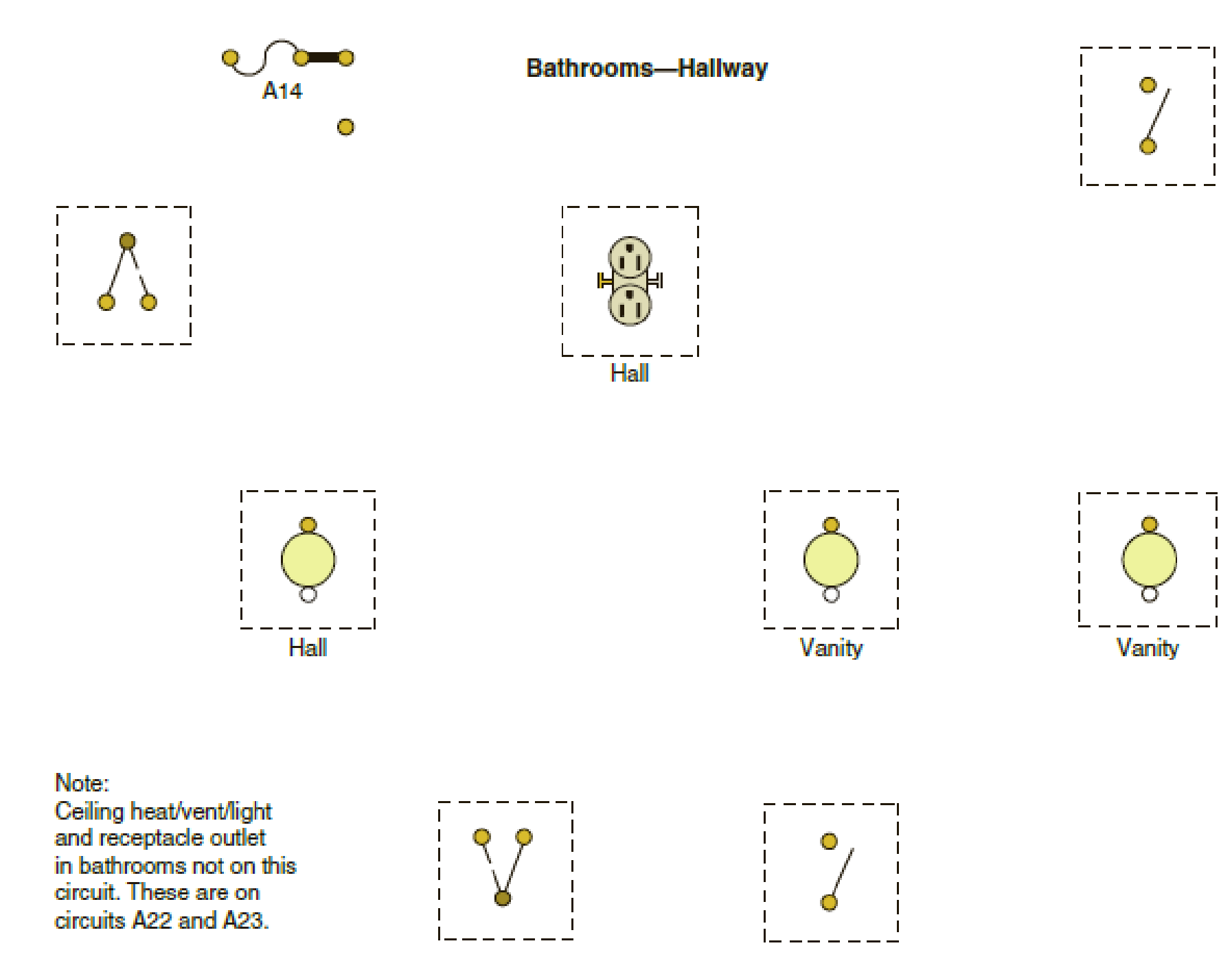 Chapter 10, Problem 10R, The following is a layout of a lighting circuit for the bathroom and hallway. Using the cable layout 