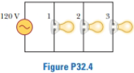 Chapter 33, Problem 33.8P, Figure P32.4 shows three lightbulbs connected to a 120-V AC (rms) household supply voltage. Bulbs 1 