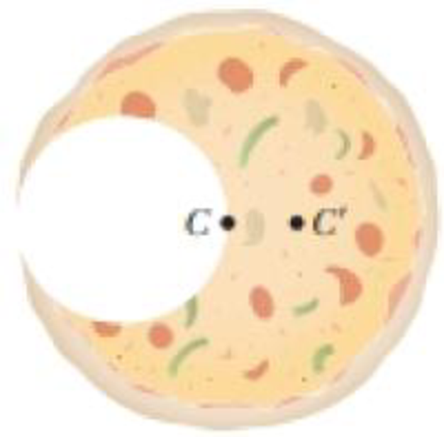 Chapter 12, Problem 6P, A circular pizza of radius R has a circular piece of radius R/2 removed from one side as shown in 