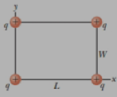 Four Identical Charged Particles Q 10 0 M C Are Located On The Corners Of A Rectangle As Shown In Figure P22 38 The Dimensions Of The Rectangle Arc L 60 0