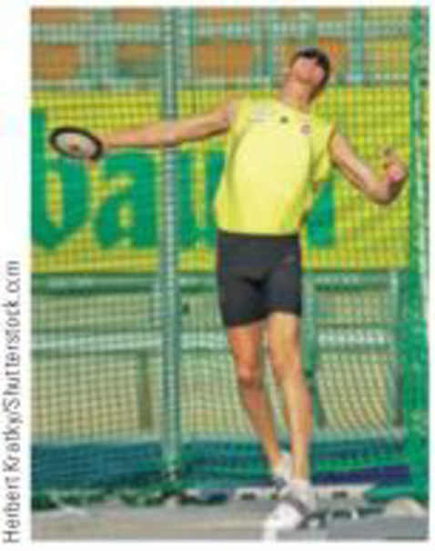 Chapter 4, Problem 33P, The athlete shown in Figure P4.21 rotates a 1.00-kg discus along a circular path of radius 1.06 m. 