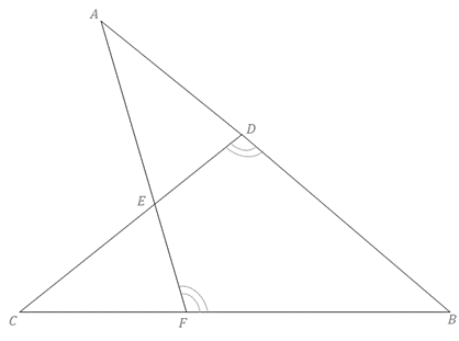 Chapter 5.3, Problem 32E, ABFCBD with obtuse angles at vertices D and F as indicated. If mB=44, and mA:mCDB=1:3, find mA. 