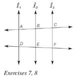 Chapter 5.6, Problem 7E, Given: l1l2l3,AB=4,BC=5,DE=x,EF=12x Find: x,DE,EF 