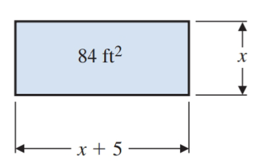 Chapter 11.1, Problem 30E, A rectangle is 5 ft longer than it is wide. (See Illustration 1.) The area of the rectangle is 84 