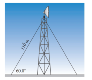 Chapter 13.5, Problem 15E, The cables attached to a TV relay tower are 110 m long. They meet level ground at an angle of 60.0, 
