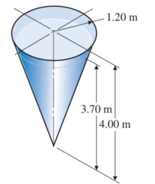 Chapter 13.5, Problem 18E, A right circular conical tank with its point down (Illustration 12) has a height of 4.00 m and a 