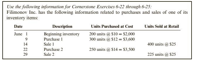 Chapter 6, Problem 25CE, Effects of Inventory Costing Methods Refer to your answers for Filimonov Inc. in Cornerstone 