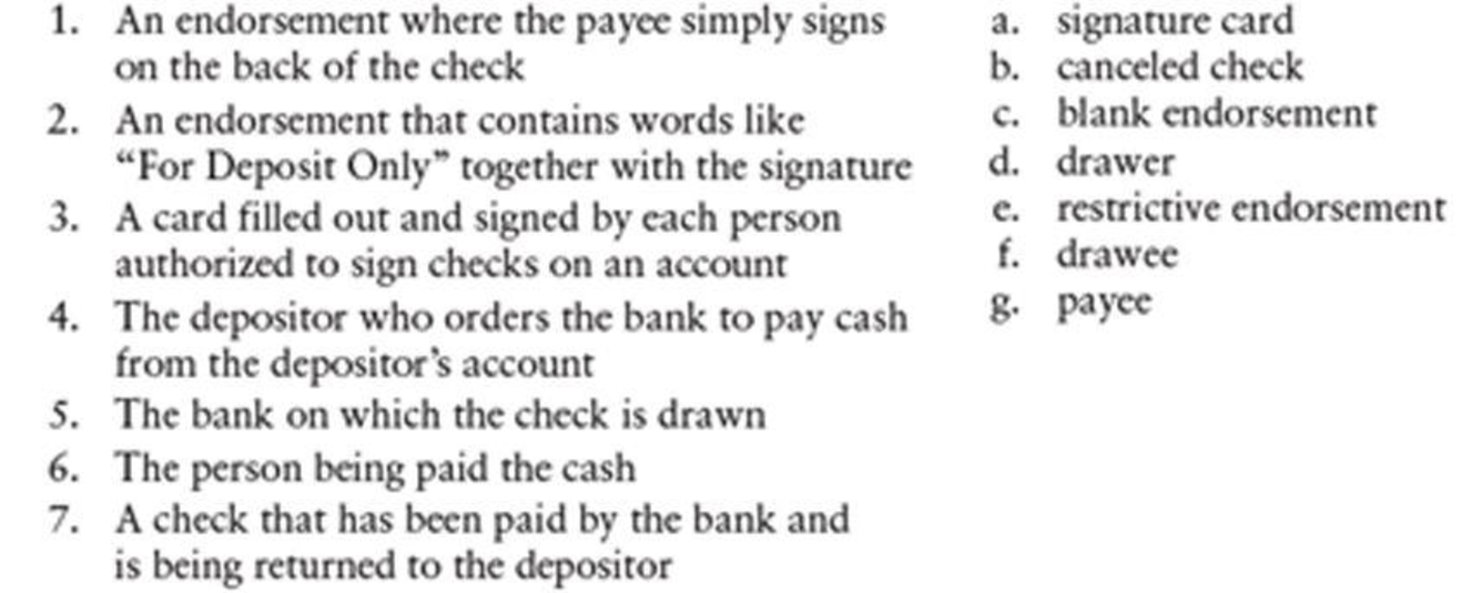 Chapter 7, Problem 1SEA, CHECKING ACCOUNT TERMS Match the following words with their definitions: 