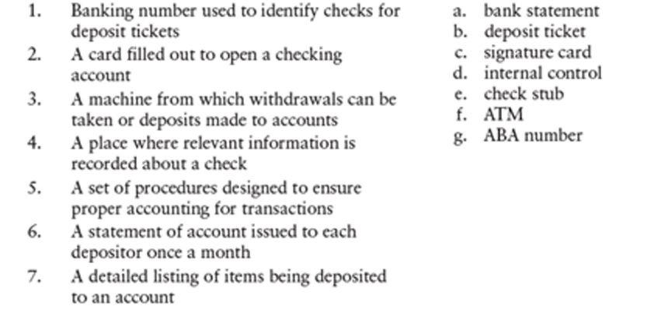 Chapter 7, Problem 1SEB, CHECKING ACCOUNT TERMS Match the following words with their definitions: 
