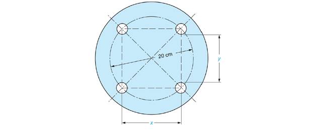 Chapter 60, Problem 3A, The four holes in the figure are 0.8 cm in diameter and equally spaced around the bolt circle. Find 