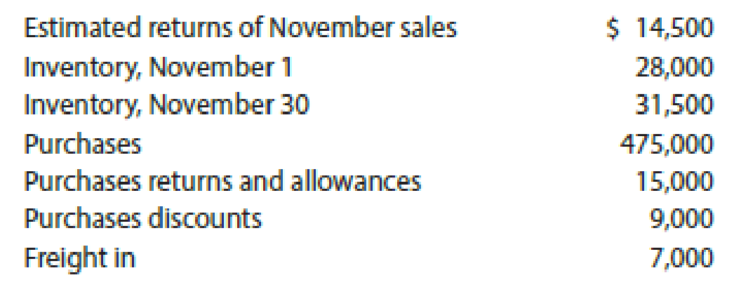 Chapter 5, Problem 42E, Cost of goods sold Based on the following data, determine the cost of goods sold for November: 