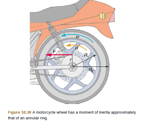 Chapter 10, Problem 24PE, Calculate the rotational kinetic energy in the motorcycle wheel (Figure 10.38) if its angular 