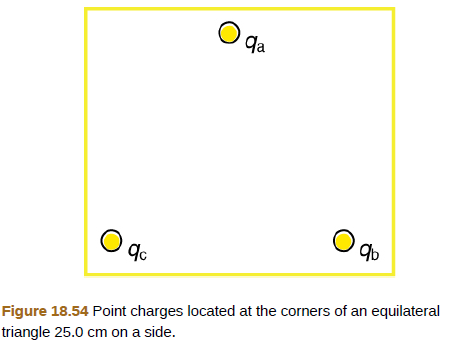Chapter 18, Problem 50PE, (a) Find the electric field at the center of the triangular configuration of charges in Figure 
