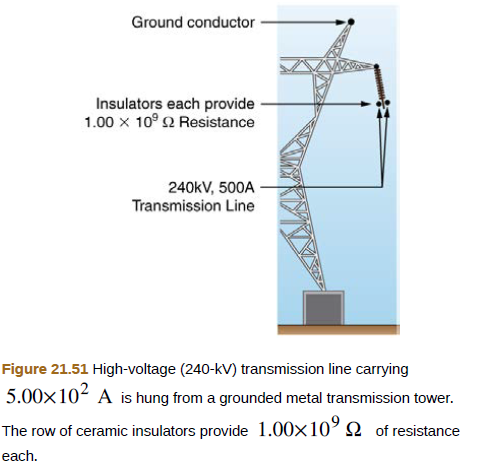 Chapter 21, Problem 10PE, A 240-kV power transmission line carrying 5.00x102. A is hung from grounded metal towers by ceramic 