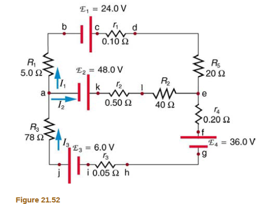Chapter 21, Problem 38PE, Find the currents flowing in the circuit in Figure 21.52. Explicitly show how you follow the steps 