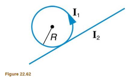 Chapter 22, Problem 68PE, Figure 22.62 shows a long straight wire just touching a loop carrying a current I1. Beth lie in the 