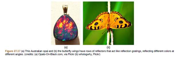 Chapter 27, Problem 32PE, An opal such as that shown in Figure 27.17 acts like a reflection grating with rows separated by 