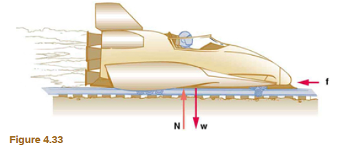 Chapter 4, Problem 11PE, The rocket sled shown in Figure 4.33 accelerates at a rate of 49.0 m/s2. Its passenger has a mass of 