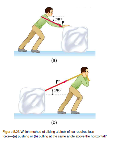 Chapter 5, Problem 18PE, A contestant in a winter sporting event pushes a 45.0-kg block of ice across a frozen lake as shown 