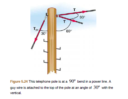 Chapter 5, Problem 44PE, The pole in Figure 5.24 is at a 90.0° bend in a power line and is therefore subjected to more shear 
