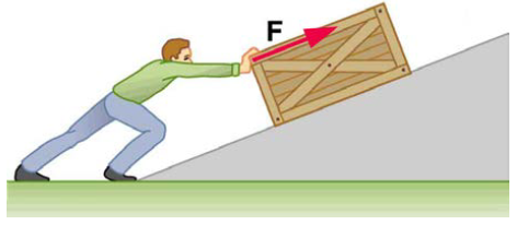 Chapter 7, Problem 5PE, Calculate the work done by an 85.0-kg man who pushes a crate 4.00 m up along a ramp that makes an 