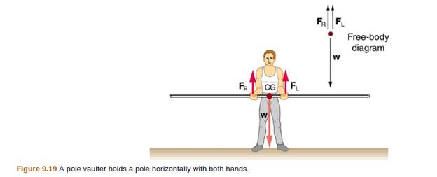 Chapter 9, Problem 18PE, In Figure 9.21, the cg of the pole held by the pole vaulter is 2.00 m from the left hand, and the , example  2