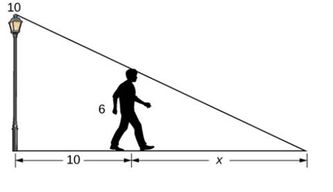 Chapter 4.1, Problem 10E, A 6-ft-tall person walks away from a 10-ft lamppost at a constant rate of 3 ft/sec. What is the rate 