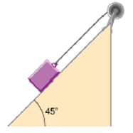Chapter 10, Problem 93P, A block of mass 3 kg slides down an inclined plane at an angle of 45 with a massless tether attached 