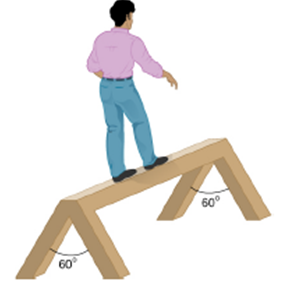 Chapter 12, Problem 44P, A 90kg man walks on a sawhorse, as shown below. The sawhorse is 2.0m long and 1.0m high, and its 