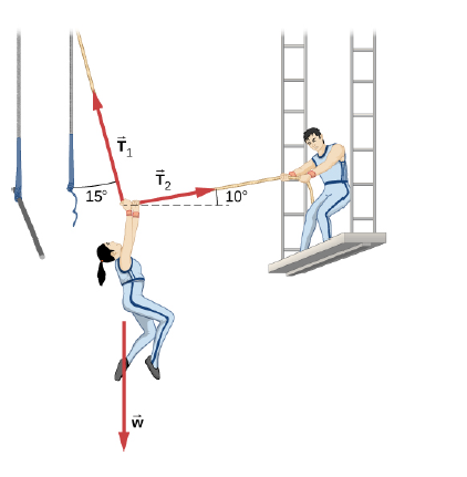 Chapter 6, Problem 30P, After a mishap, a 76.0-kg circus performer clings to a trapeze, which is being pulled to the side by 