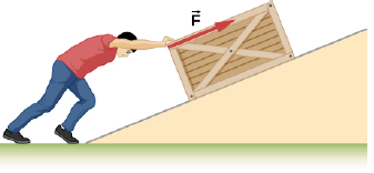 Chapter 7, Problem 27P, Calculate the work done by an 85.0-kg man who pushes a crate 4.00 m up along a ramp that makes an 